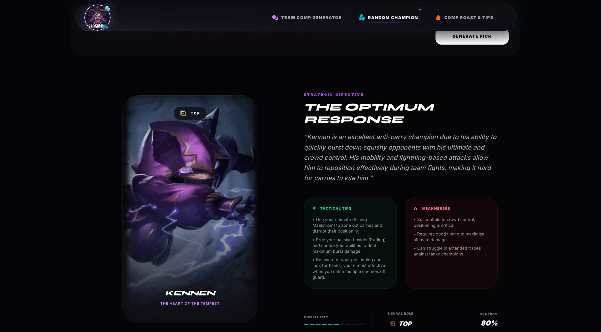 Gankpls LoL Teammate Finder and AI Draft Analyzer Interface